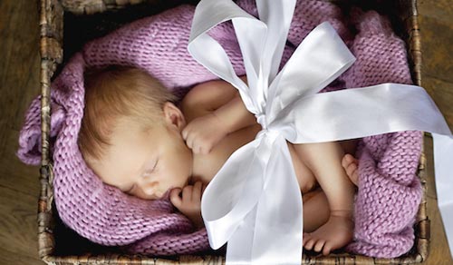 Newborn baby girl asleep in a basket, wrapped in a bow