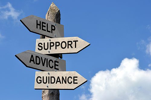 Guidepost with the words help, support, advice, and guidance on it