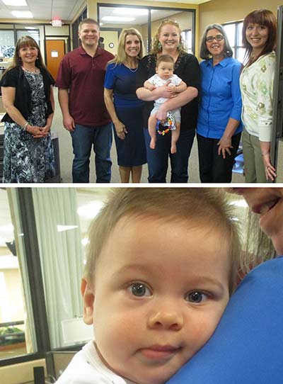 Top photo is Lifetime Adoption staff with adoptive parents and baby, and bottom photo is baby Hank