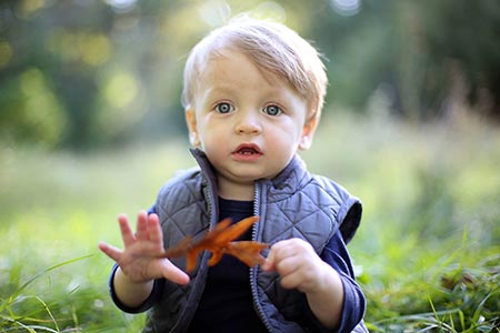 Toddler sitting in a field tossing a leaf up in the air