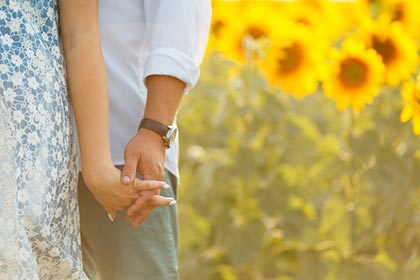 Couple standing holding hands in a field of sunflowers