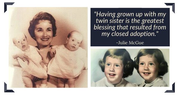 photo collage of author Julie McGue as baby and child, alongside her twin sister and adoptive mom
