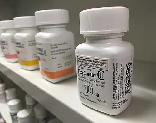 Oxycontin bottle sitting on a pharmacy shelf