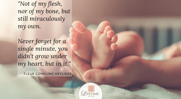 Photo of adoptive parent holding her baby's feet, with a quote from Fleur Conkling Heylinger