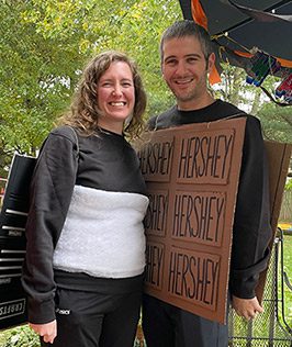 Sarah and Nick dressed up together on Halloween as a s'mores sandwich