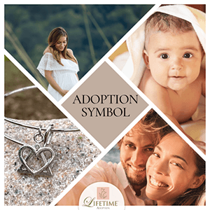 An adoption symbol graphic depicting a birth mother, adoptive couple, adoptee, and adoption symbol bracelet