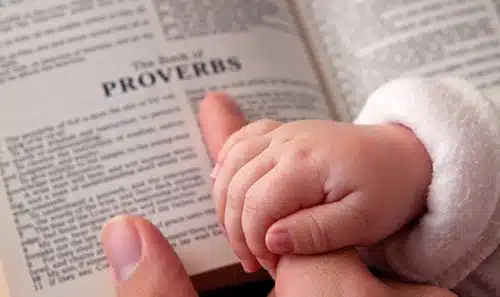 Baby's hand grasping an adult who is reading the Bible