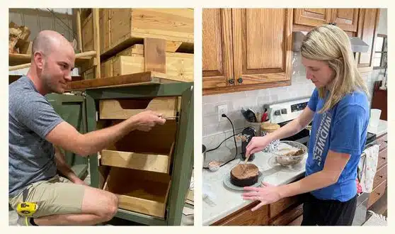 Collage of two photos: of Micah woodworking and Emily baking