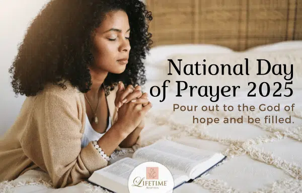 National Day of Prayer graphic with a photo of a woman praying in her bedroom with the Bible 